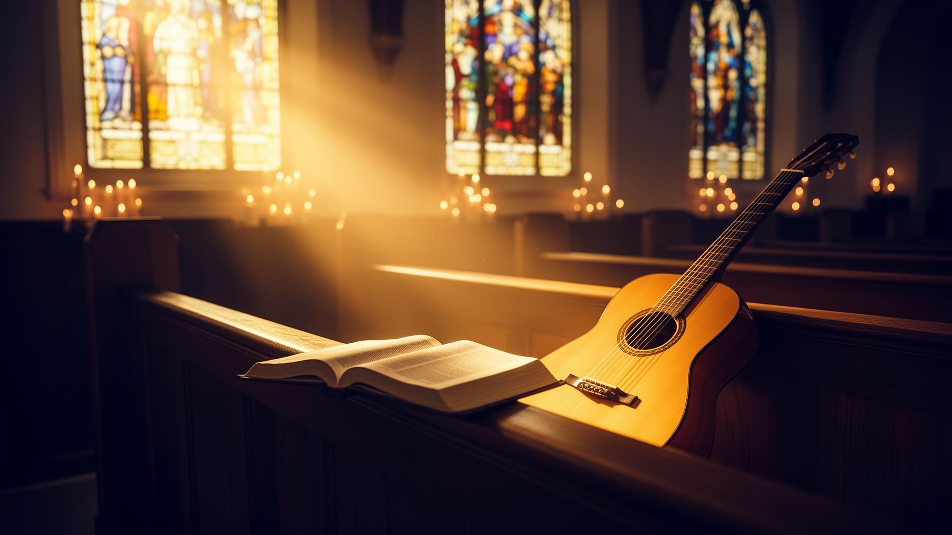 Open Bible and acoustic guitar in a sunlit church — symbol of prayer set to music